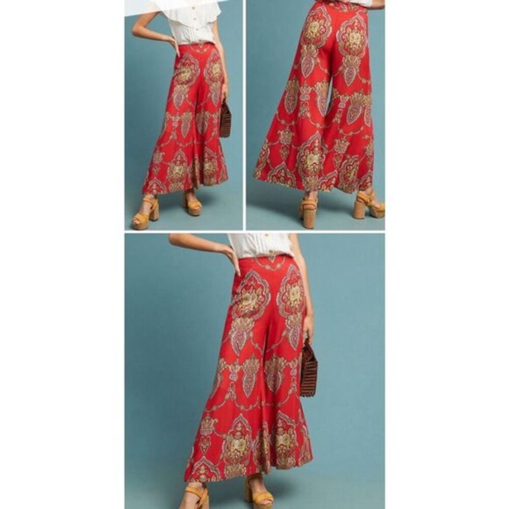 Anthropologie Women's Flared Paisley Pants Red 2 Bohemian Casual